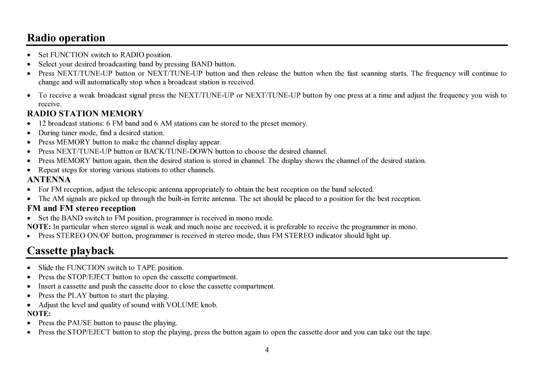 Hyundai H-1411 instruction manual Radio operation, Cassette playback, FM and FM stereo reception 