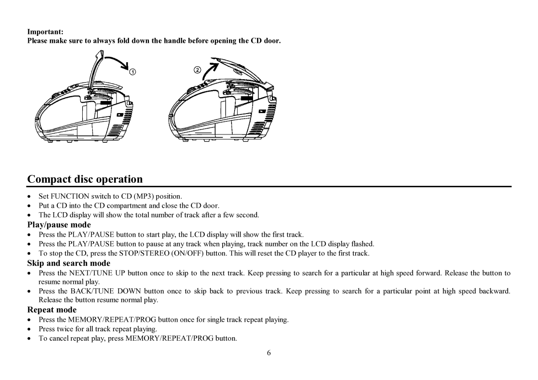 Hyundai H-1411 instruction manual Compact disc operation, Play/pause mode, Skip and search mode, Repeat mode 