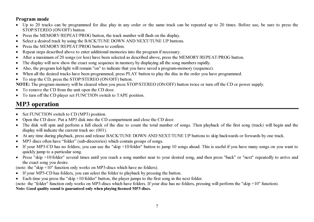 Hyundai H-1411 instruction manual MP3 operation, Program mode 