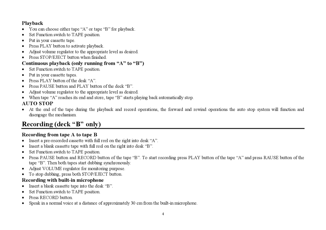 Hyundai H-2204 instruction manual Recording deck B only, Playback, Continuous playback only running from a to B 