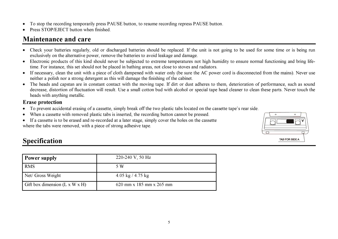 Hyundai H-2204 instruction manual Maintenance and care, Specification, Erase protection, Power supply 