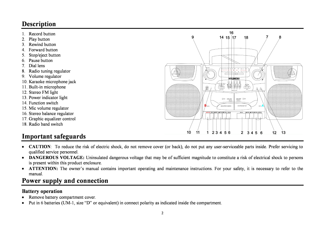 Hyundai H-2204 instruction manual Description, Important safeguards, Power supply and connection, Battery operation 