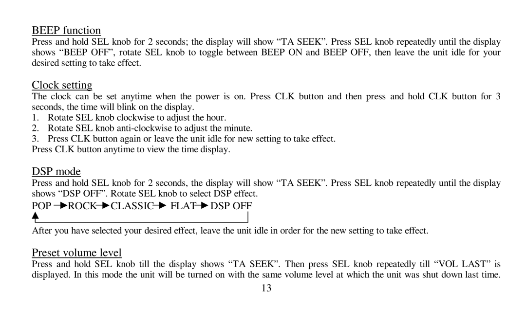Hyundai H-CDM8010 instruction manual Beep function, Clock setting, DSP mode, Preset volume level 