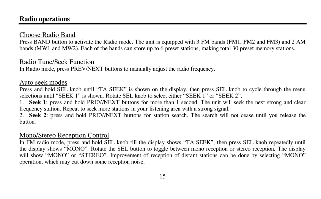 Hyundai H-CDM8010 instruction manual Radio operations, Choose Radio Band, Radio Tune/Seek Function, Auto seek modes 