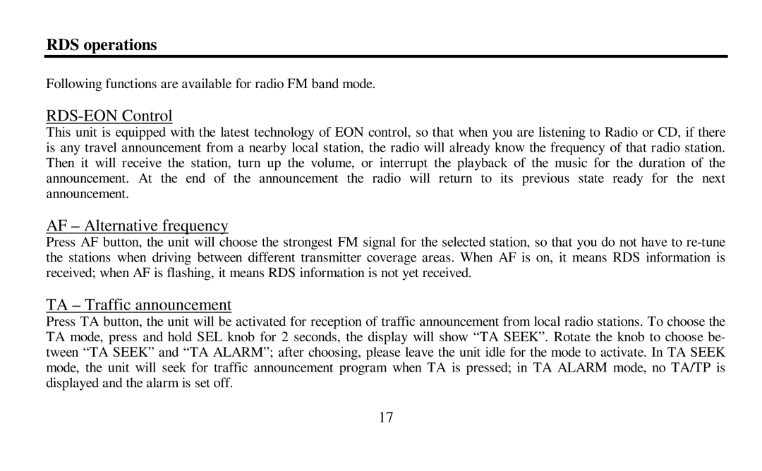 Hyundai H-CDM8010 instruction manual RDS operations, RDS-EON Control, AF Alternative frequency, TA Traffic announcement 