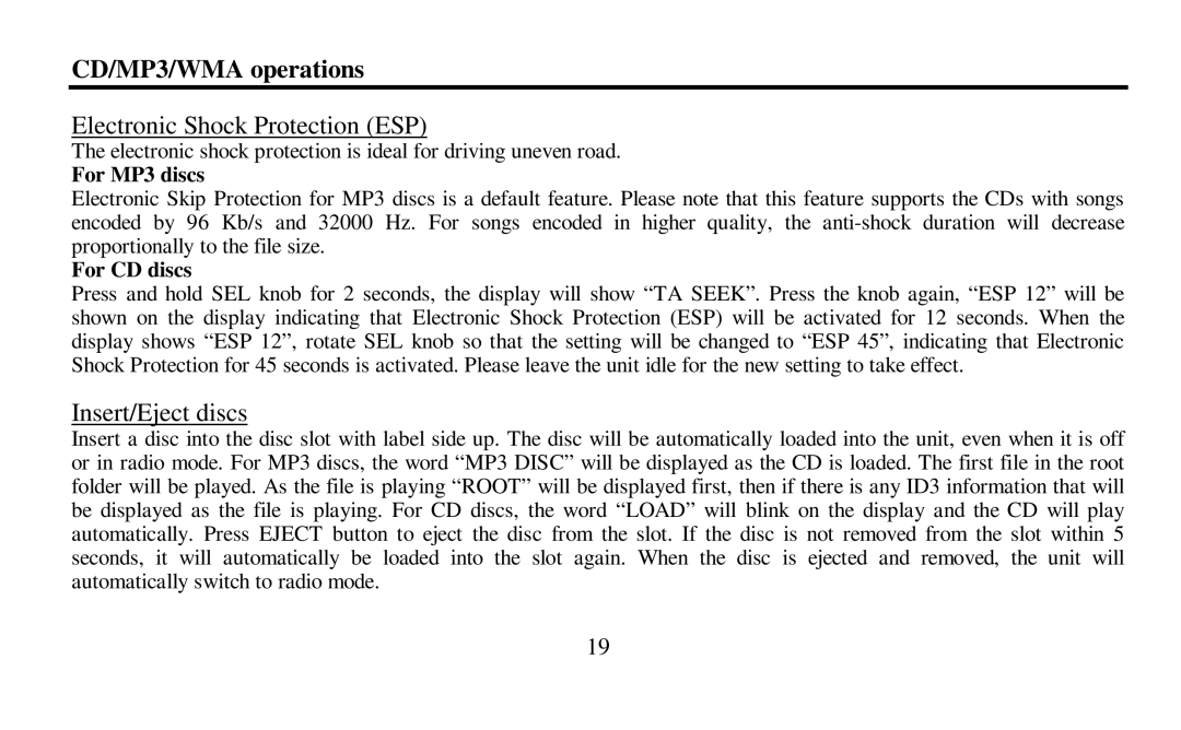 Hyundai H-CDM8010 CD/MP3/WMA operations, Electronic Shock Protection ESP, Insert/Eject discs, For MP3 discs, For CD discs 