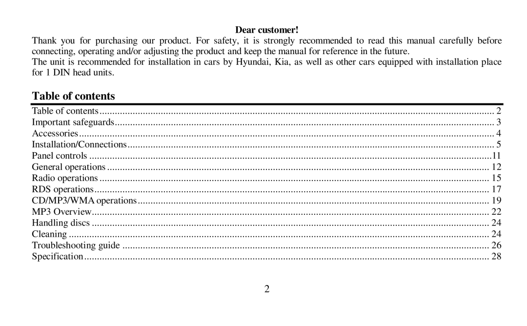 Hyundai H-CDM8010 instruction manual Table of contents 