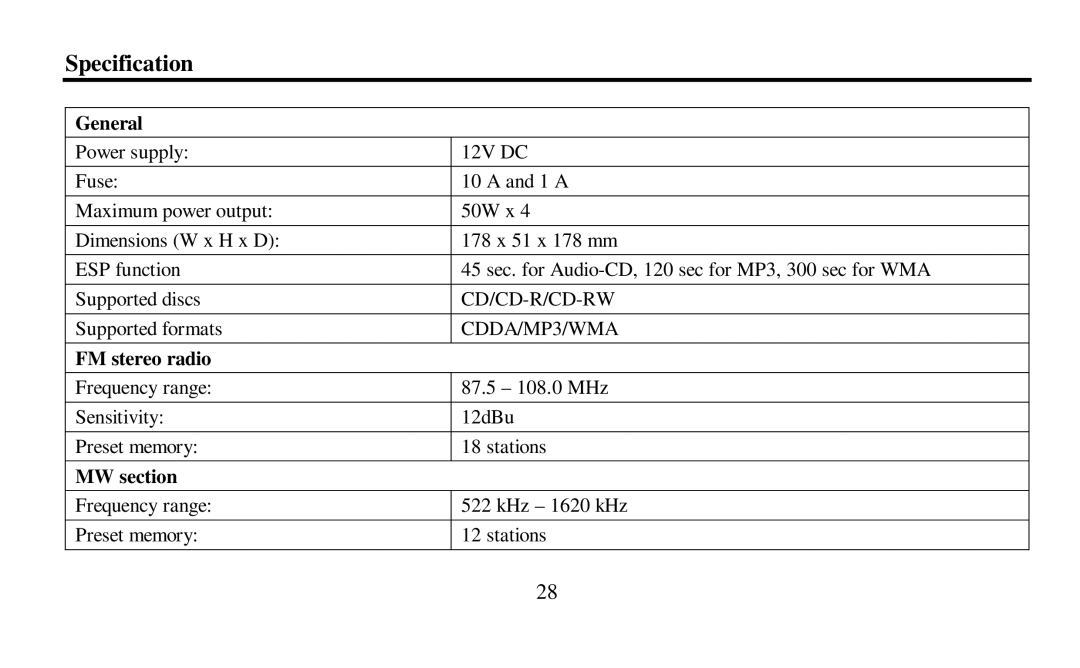 Hyundai H-CDM8010 instruction manual Specification, General, FM stereo radio, MW section 