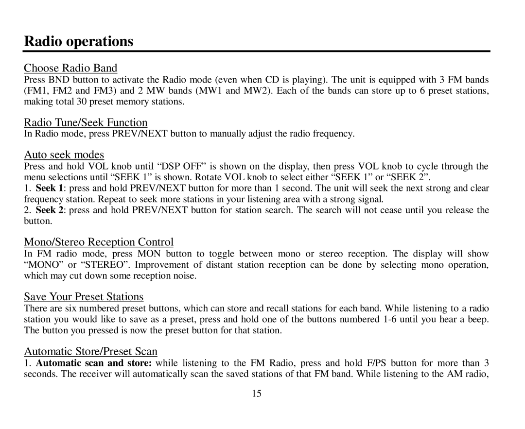 Hyundai H-CDM8019 instruction manual Radio operations 