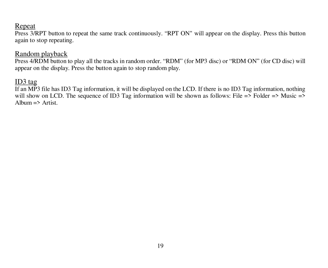 Hyundai H-CDM8019 instruction manual Repeat, Random playback, ID3 tag 