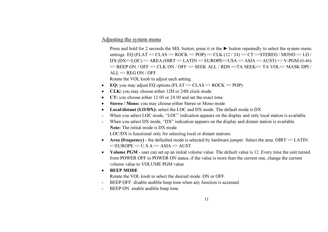 Hyundai H-CDM8031 instruction manual Adjusting the system menu, Beep Mode 