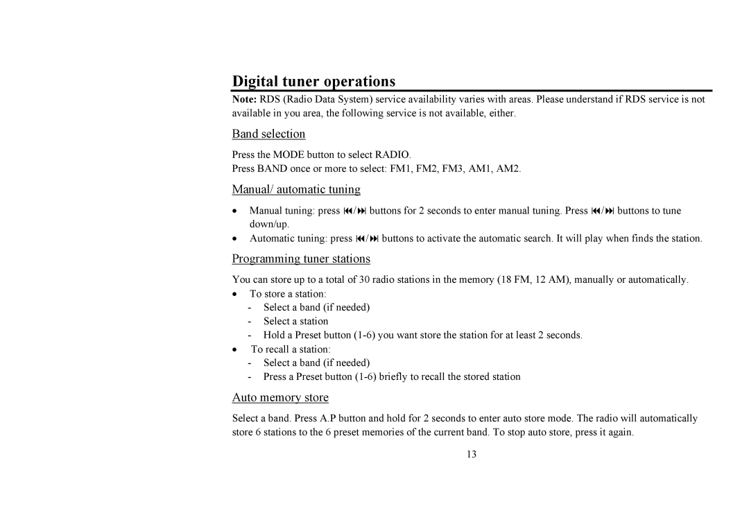 Hyundai H-CDM8031 Digital tuner operations, Band selection, Manual/ automatic tuning, Programming tuner stations 