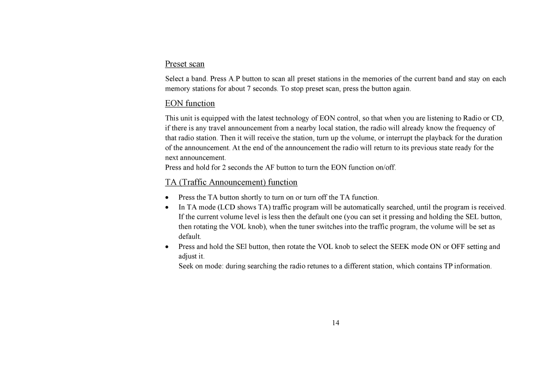 Hyundai H-CDM8031 instruction manual Preset scan, EON function, TA Traffic Announcement function 