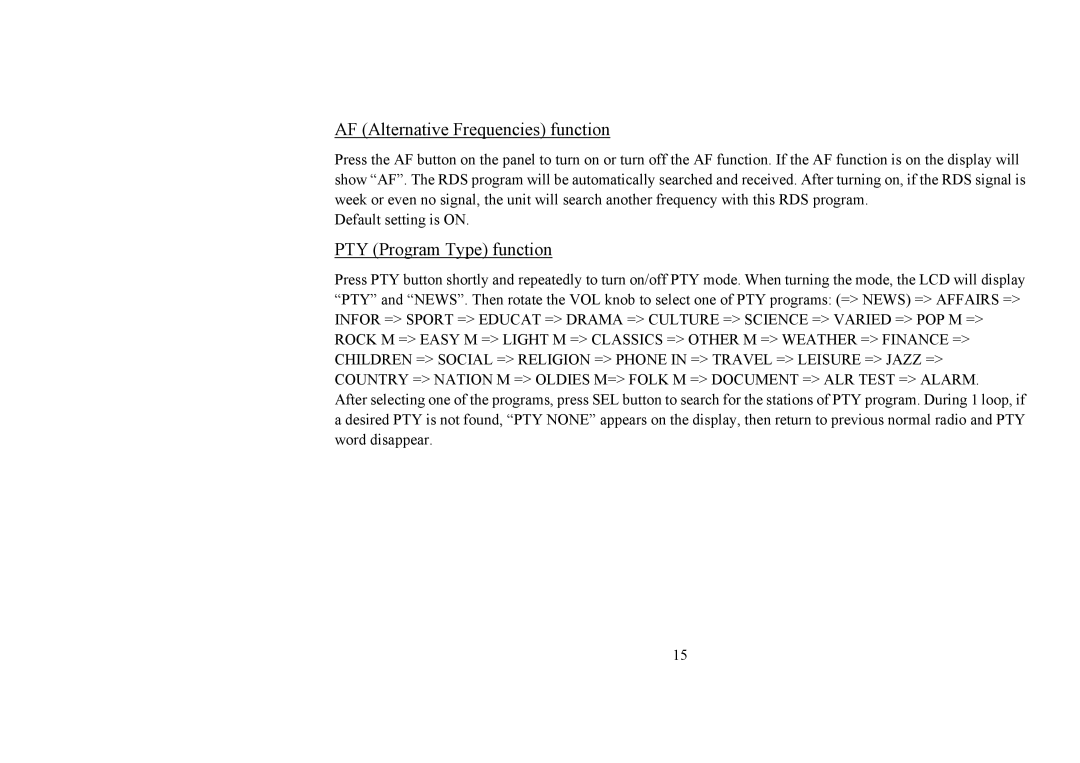 Hyundai H-CDM8031 instruction manual AF Alternative Frequencies function, PTY Program Type function 