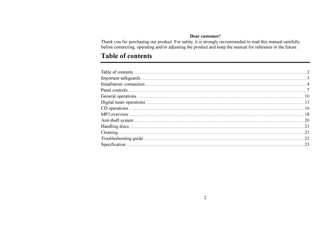 Hyundai H-CDM8031 instruction manual Table of contents 