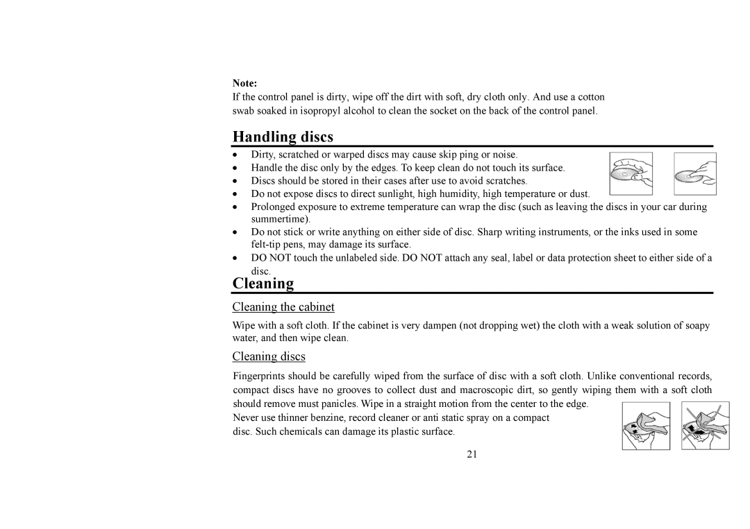 Hyundai H-CDM8031 instruction manual Handling discs, Cleaning the cabinet, Cleaning discs 