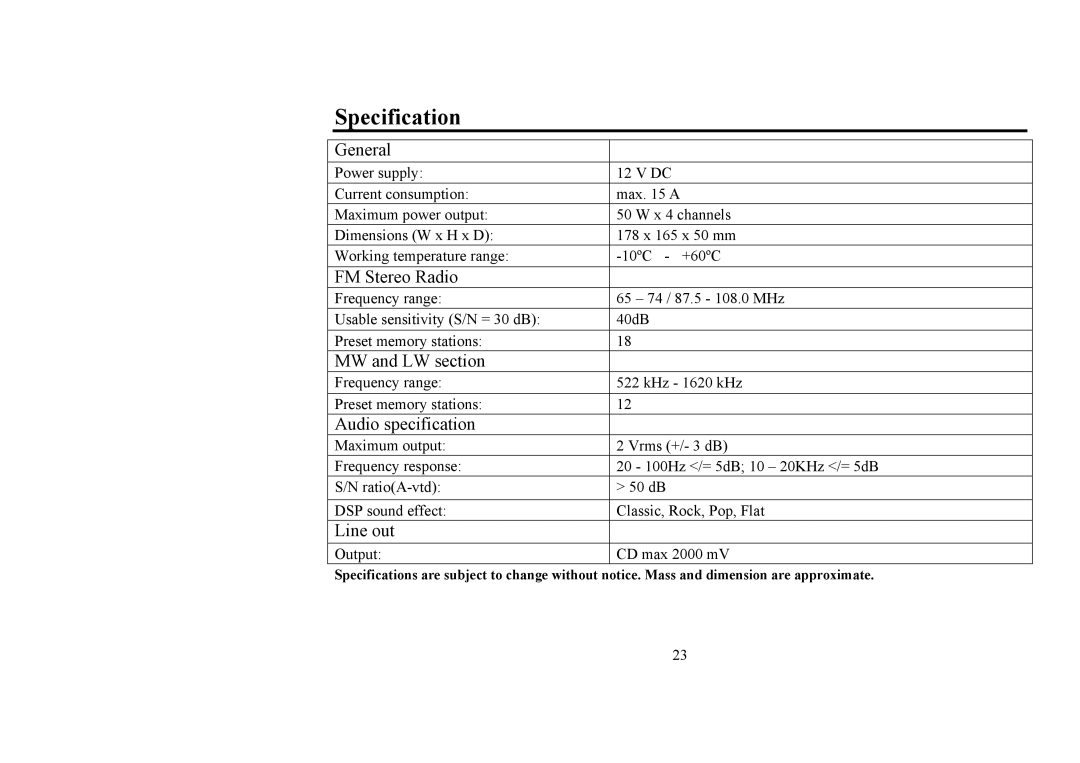 Hyundai H-CDM8031 instruction manual Specification 