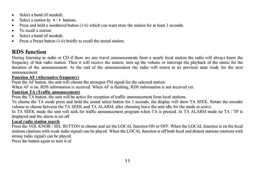 Hyundai H-CDM8035 instruction manual RDS function, Function AF Alternative frequency, Function TA Traffic announcement 