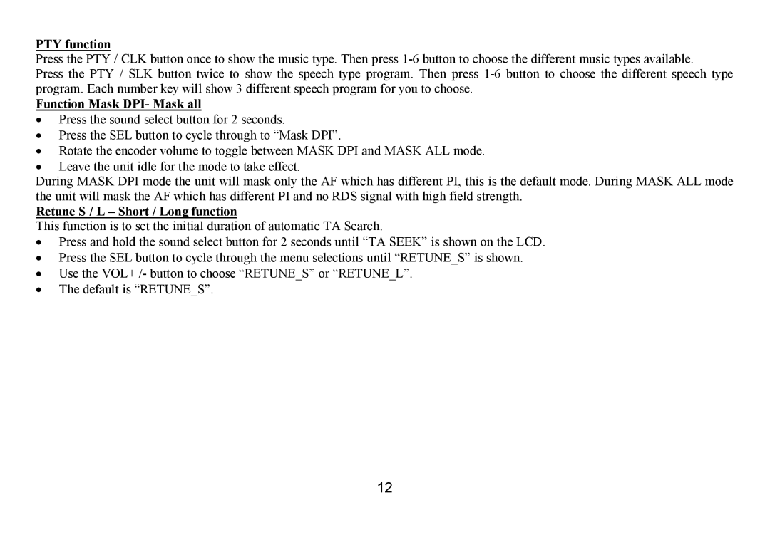 Hyundai H-CDM8035 instruction manual PTY function, Function Mask DPI- Mask all, Retune S / L ‒ Short / Long function 