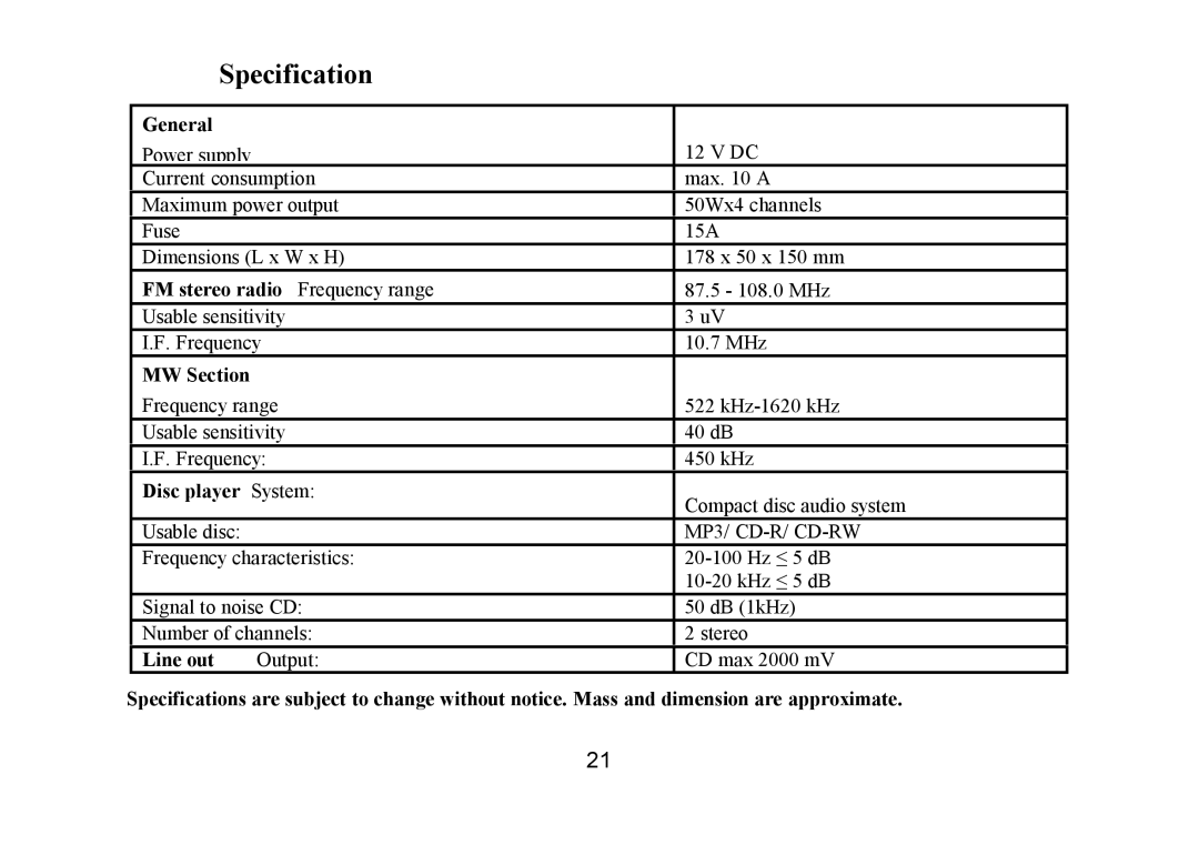 Hyundai H-CDM8035 instruction manual Specification 