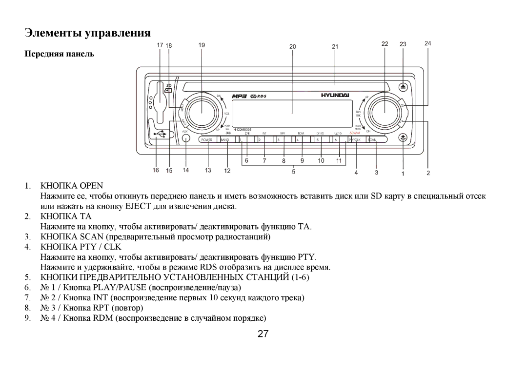 Hyundai H-CDM8035 instruction manual Элементы управления, Передняя панель 