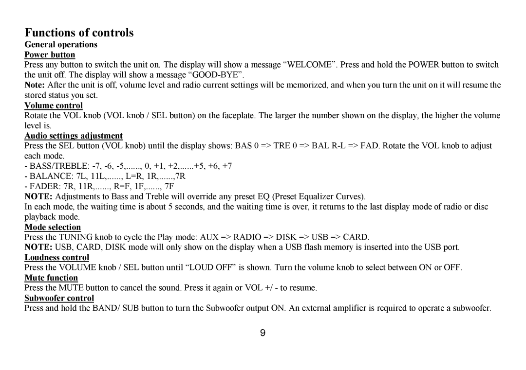 Hyundai H-CDM8035 instruction manual Functions of controls 