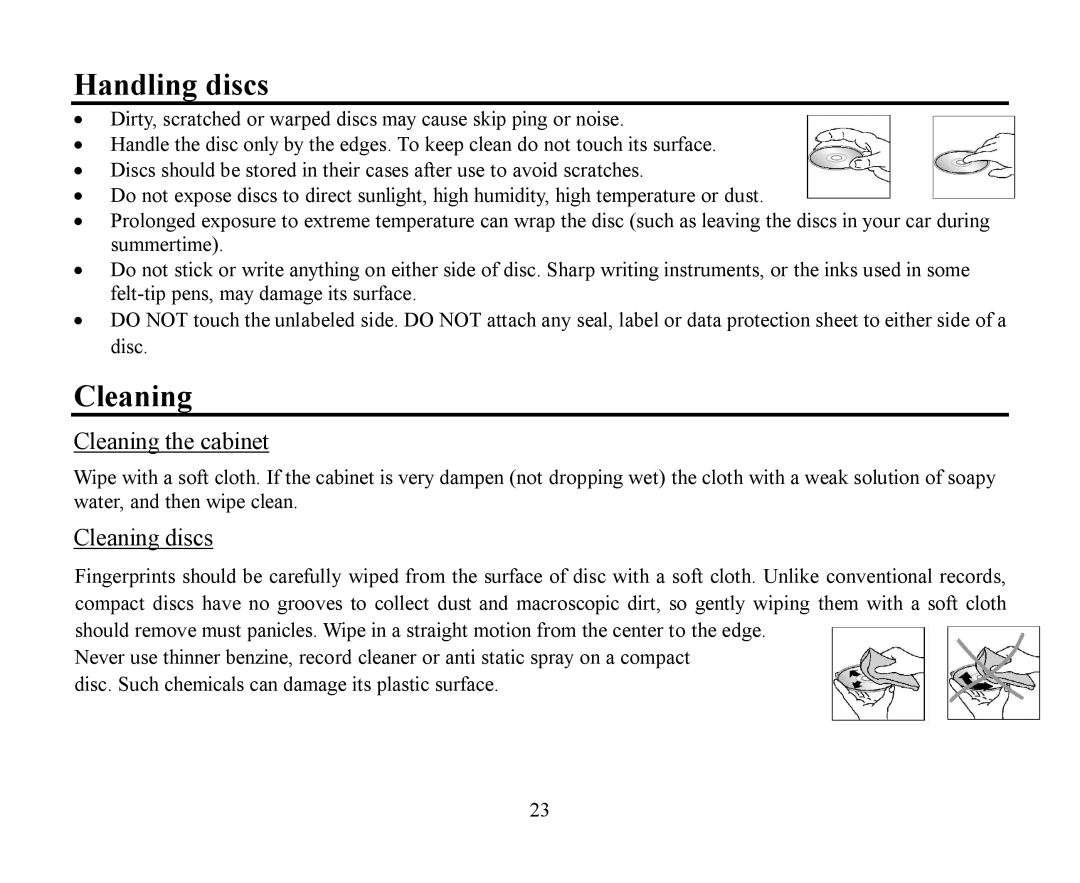 Hyundai H-CDM8042 instruction manual Handling discs, Cleaning the cabinet, Cleaning discs 