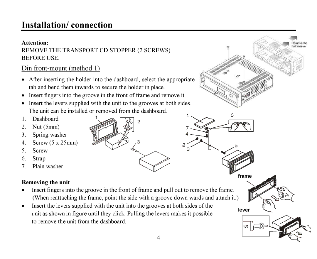 Hyundai H-CDM8042 instruction manual Installation/ connection, Din front-mount method 