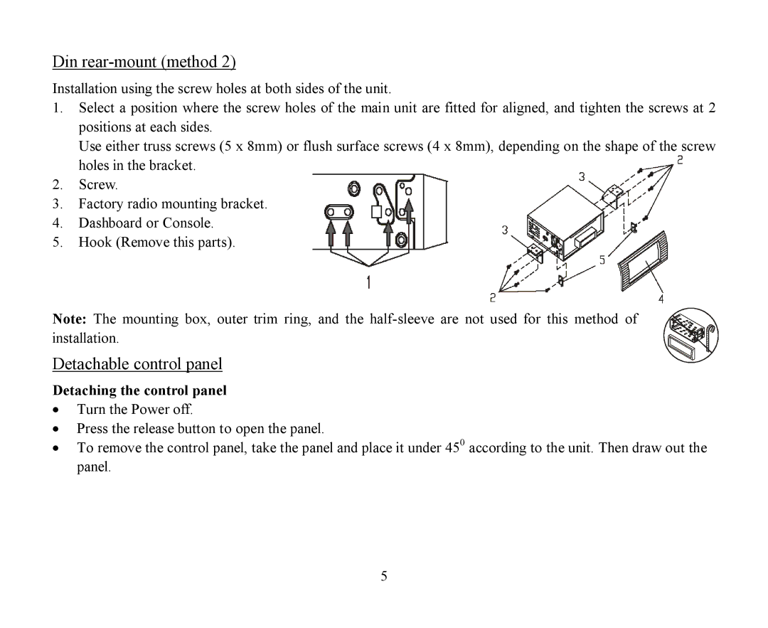 Hyundai H-CDM8042 instruction manual Din rear-mount method, Detachable control panel 