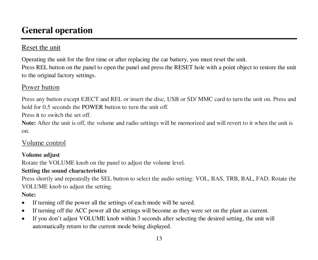 Hyundai H-CDM8043 instruction manual General operation, Reset the unit 