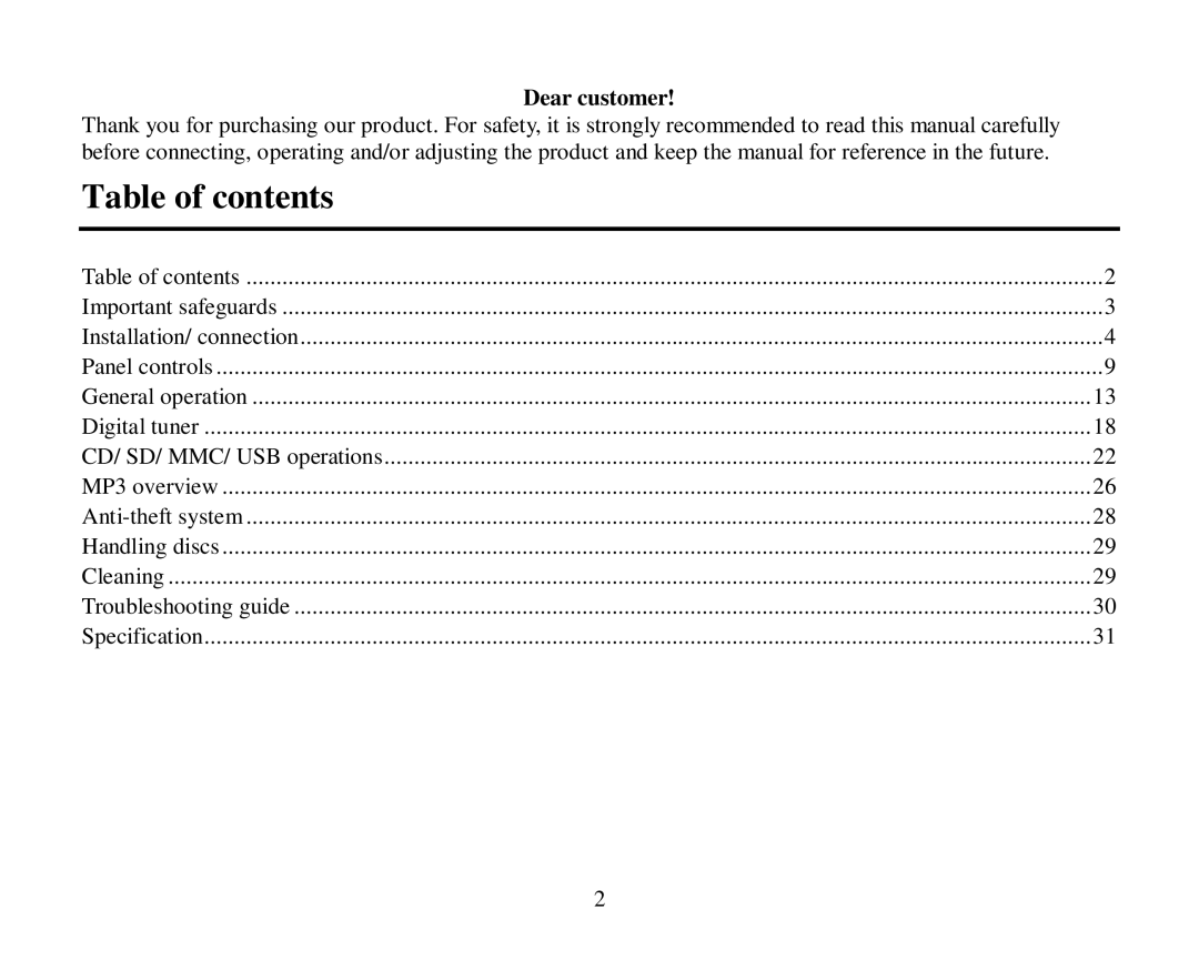 Hyundai H-CDM8043 instruction manual Table of contents 