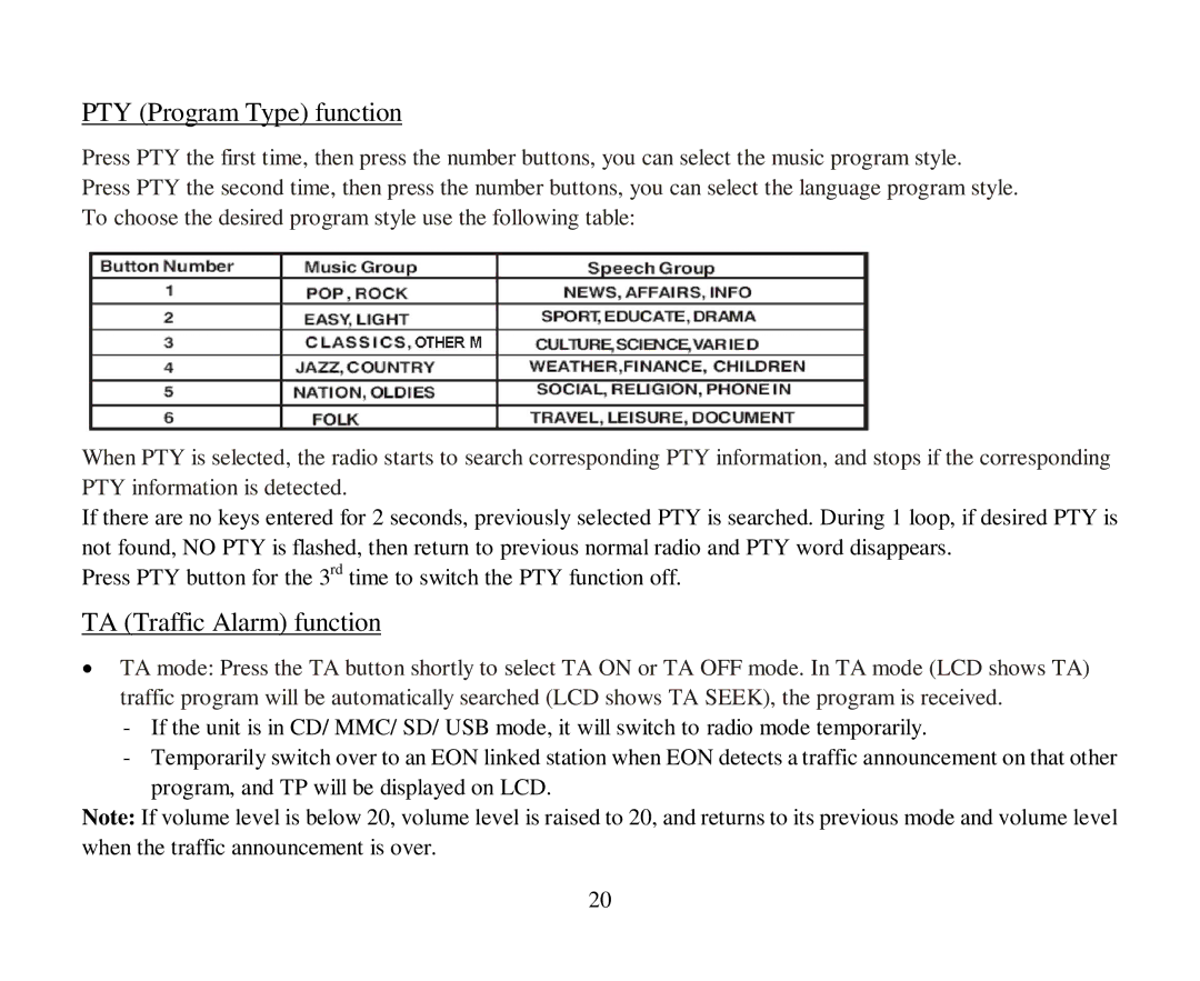 Hyundai H-CDM8043 instruction manual PTY Program Type function, TA Traffic Alarm function 