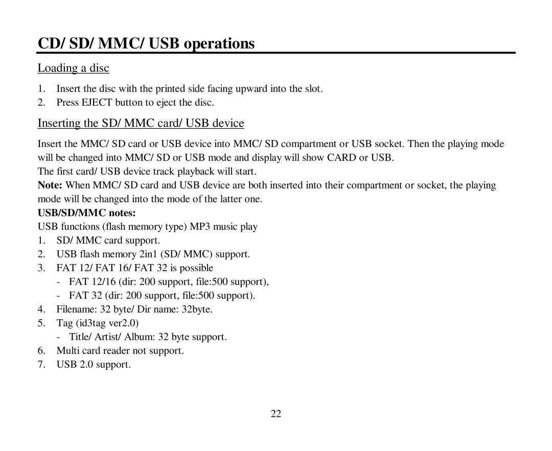 Hyundai H-CDM8043 CD/ SD/ MMC/ USB operations, Loading a disc, Inserting the SD/ MMC card/ USB device, USB/SD/MMC notes 