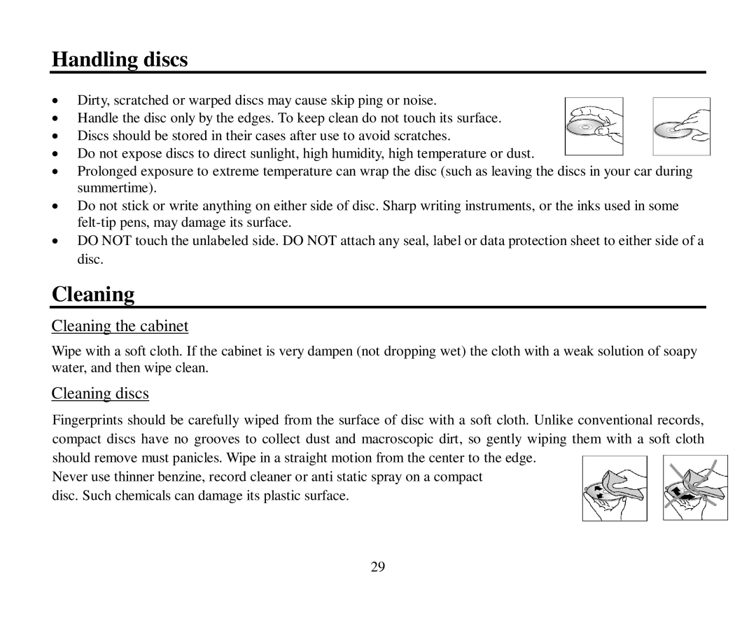 Hyundai H-CDM8043 instruction manual Handling discs, Cleaning the cabinet, Cleaning discs 