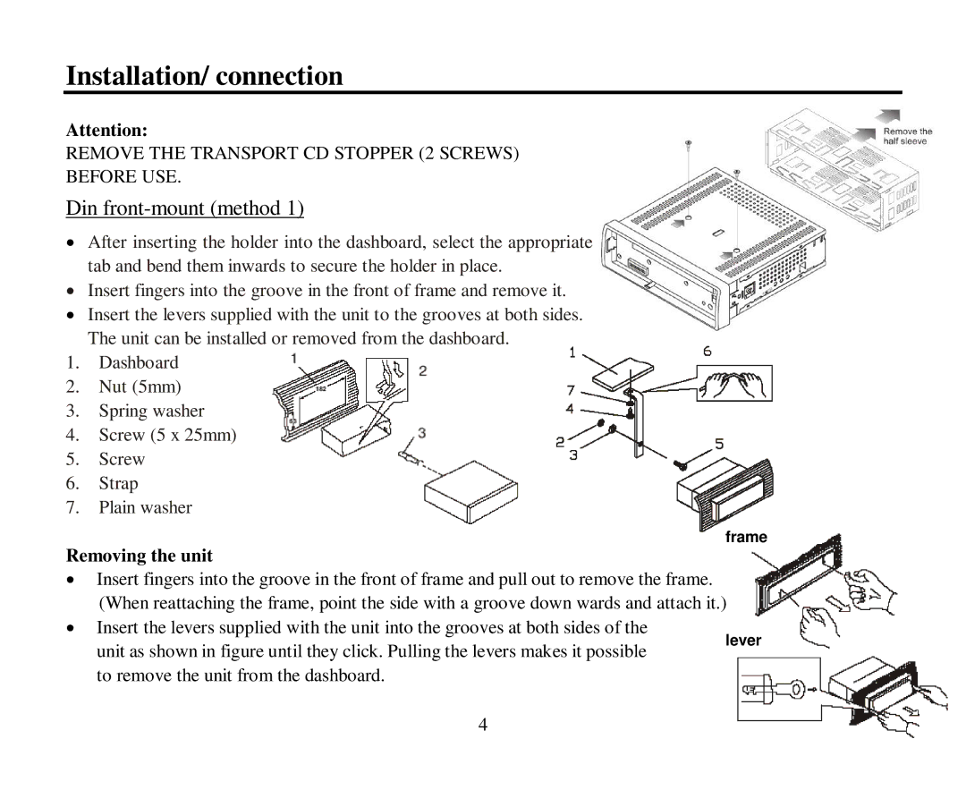 Hyundai H-CDM8043 instruction manual Installation/ connection, Din front-mount method, Removing the unit 