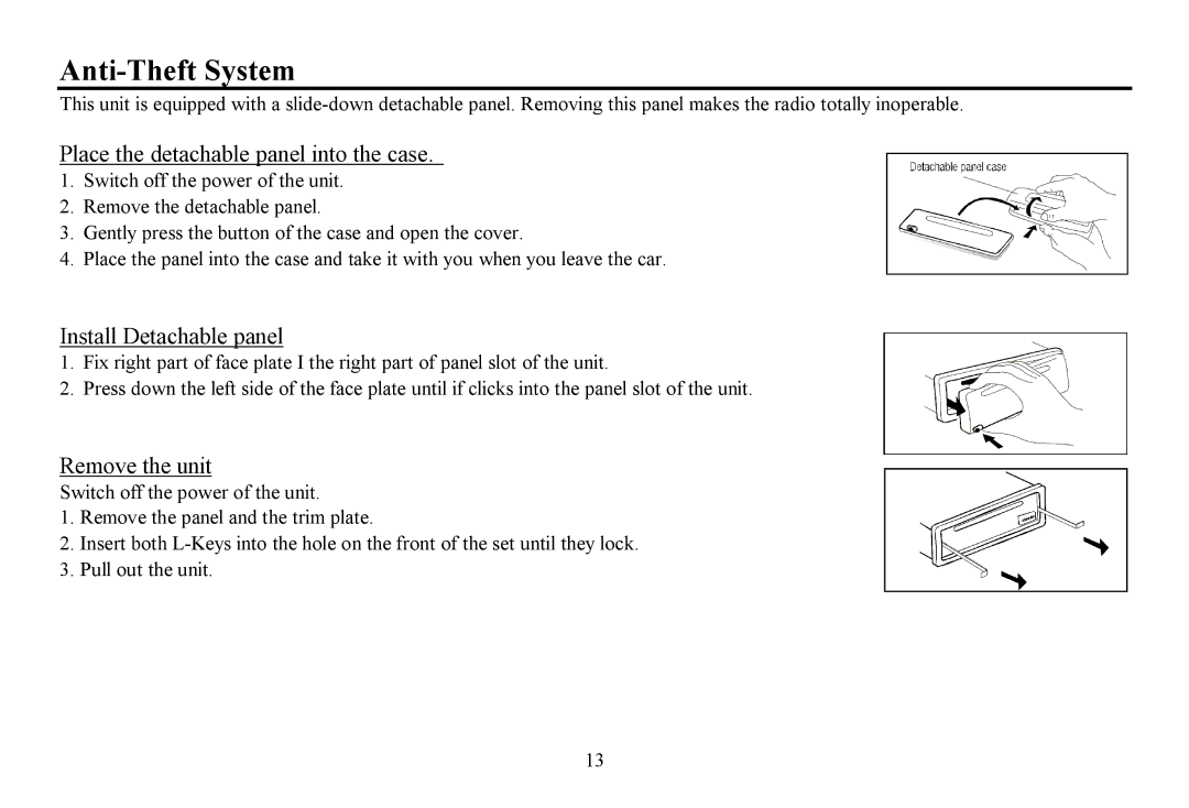 Hyundai H-CDM8061 Anti-Theft System, Place the detachable panel into the case, Install Detachable panel, Remove the unit 