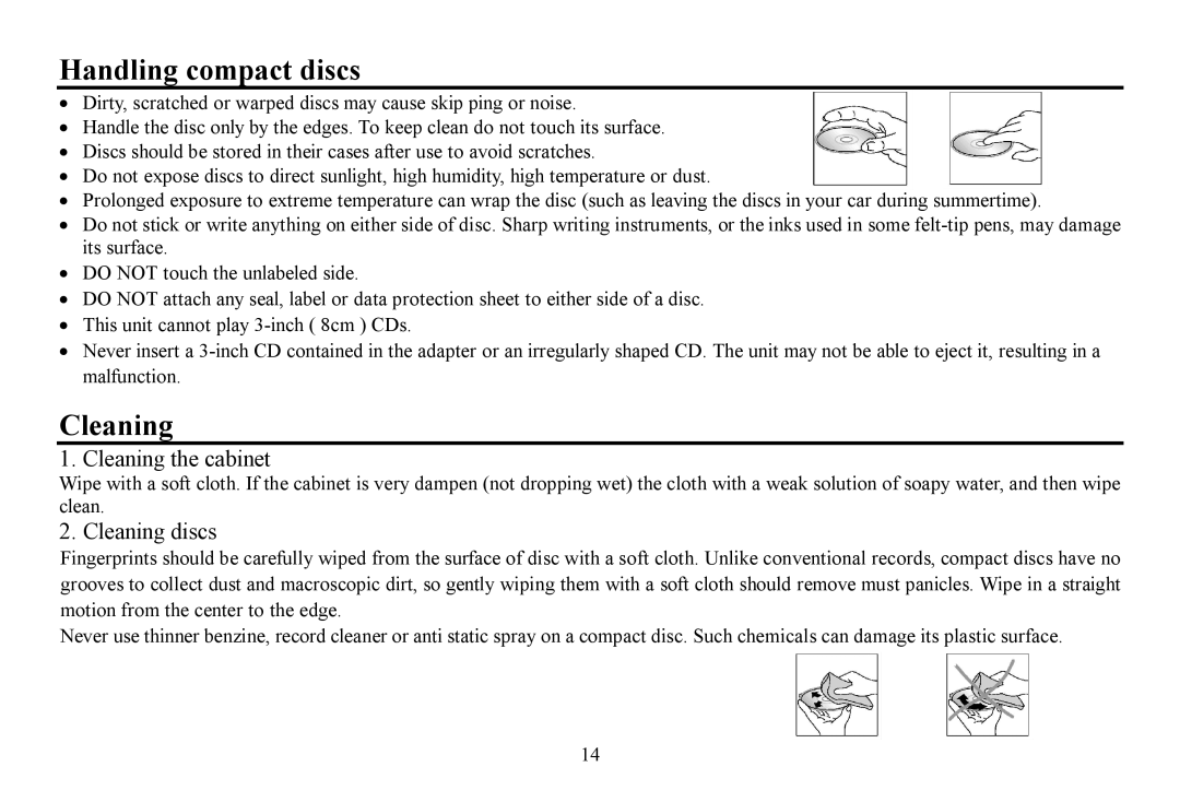 Hyundai H-CDM8061 instruction manual Handling compact discs, Cleaning the cabinet, Cleaning discs 