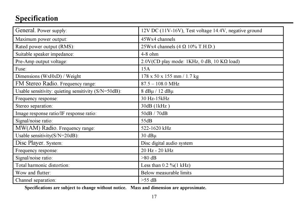 Hyundai H-CDM8061 instruction manual Specification, FM Stereo Radio. Frequency range, Disc Player. System 