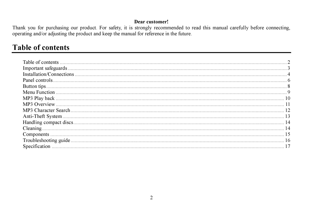 Hyundai H-CDM8061 instruction manual Table of contents 