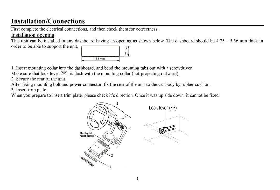 Hyundai H-CDM8061 instruction manual Installation/Connections, Installation opening 