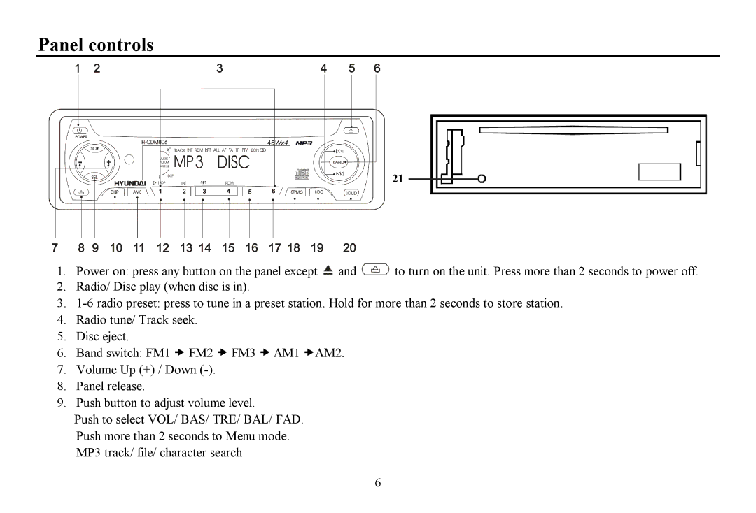 Hyundai H-CDM8061 instruction manual Panel controls 