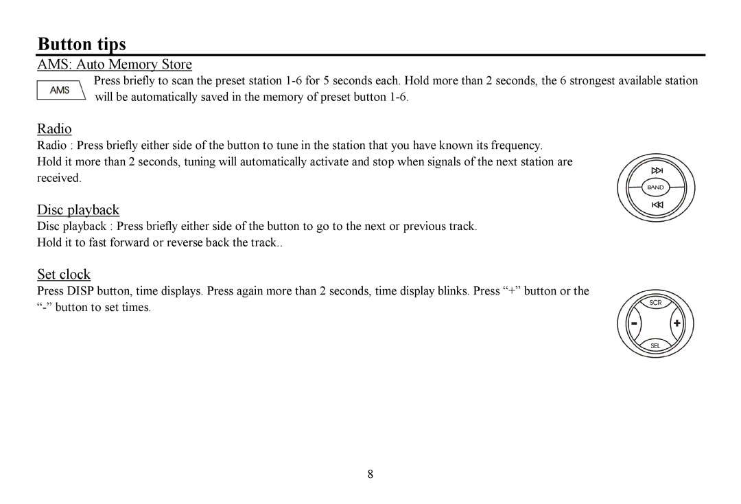 Hyundai H-CDM8061 instruction manual Button tips, AMS Auto Memory Store, Radio, Disc playback, Set clock 