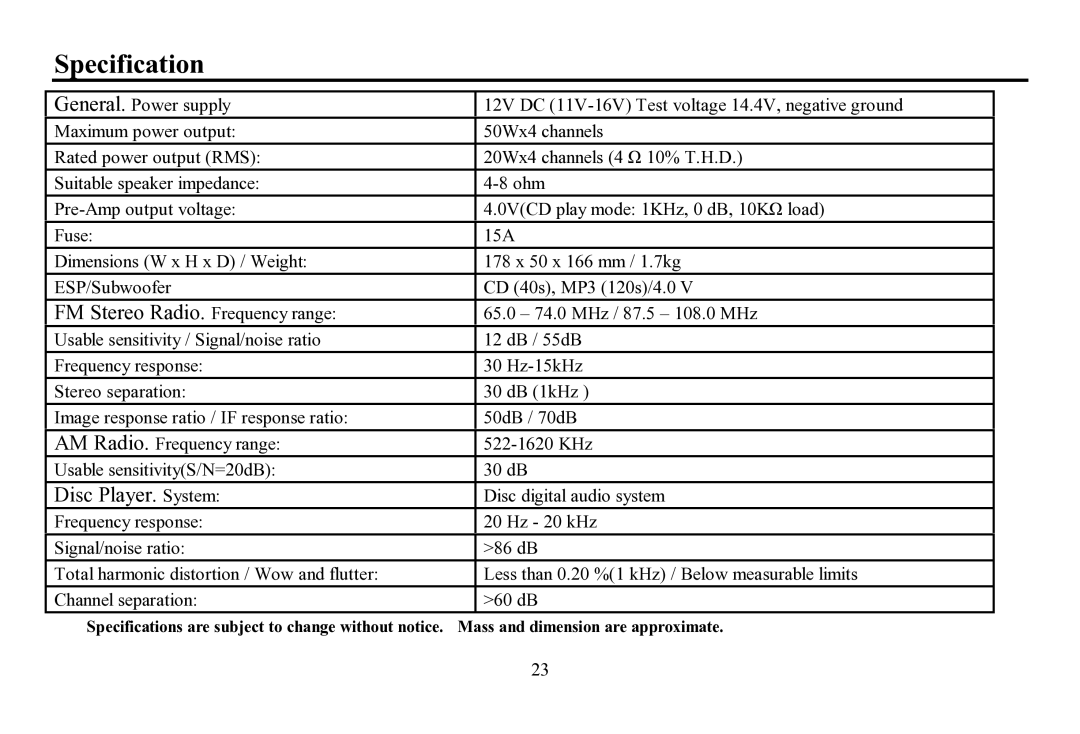 Hyundai H-CDM8064 instruction manual Specification, FM Stereo Radio. Frequency range, Disc Player. System 