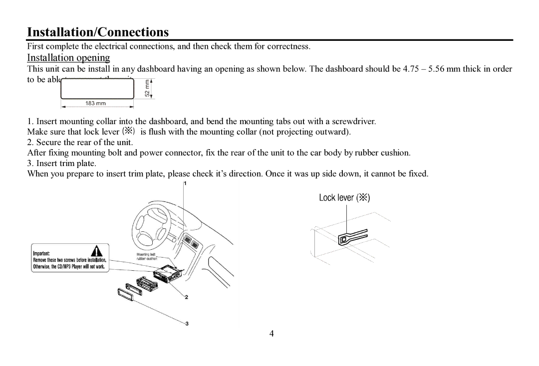 Hyundai H-CDM8064 instruction manual Installation/Connections, Installation opening 