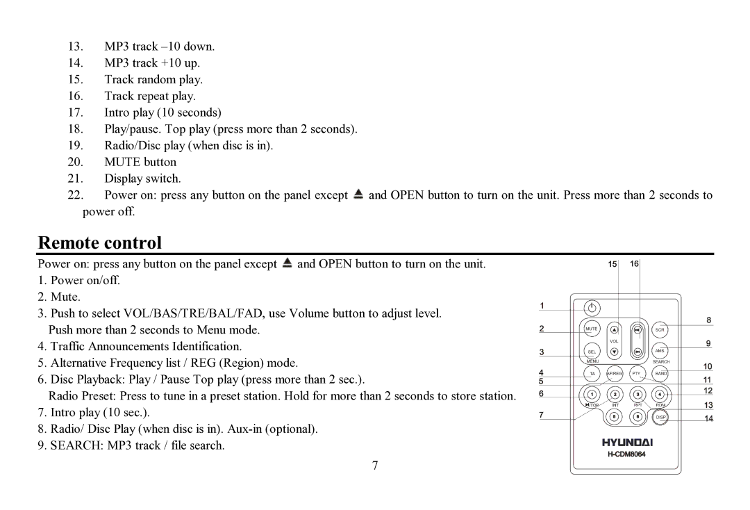 Hyundai H-CDM8064 instruction manual Remote control 