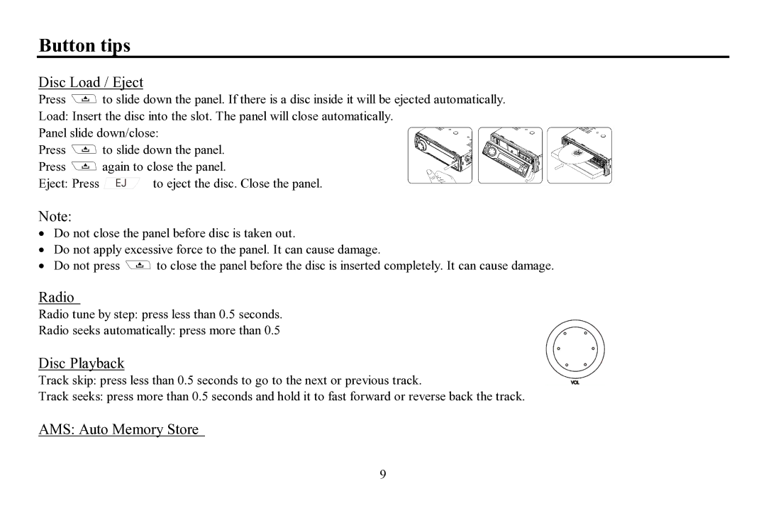 Hyundai H-CDM8064 instruction manual Button tips, Disc Load / Eject, Radio, Disc Playback, AMS Auto Memory Store 