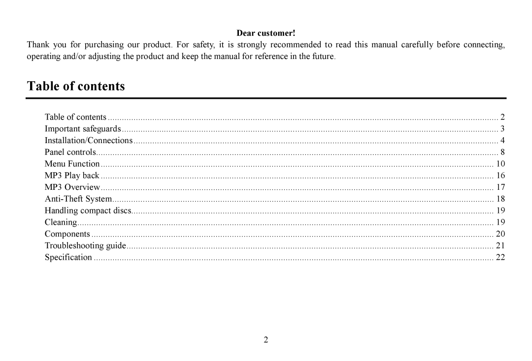 Hyundai H-CDM8070, CD/MP3-Receiver instruction manual Table of contents 