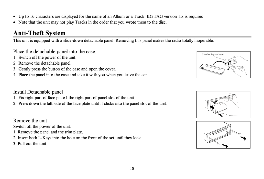 Hyundai H-CDM8070 Anti-Theft System, Place the detachable panel into the case, Install Detachable panel, Remove the unit 