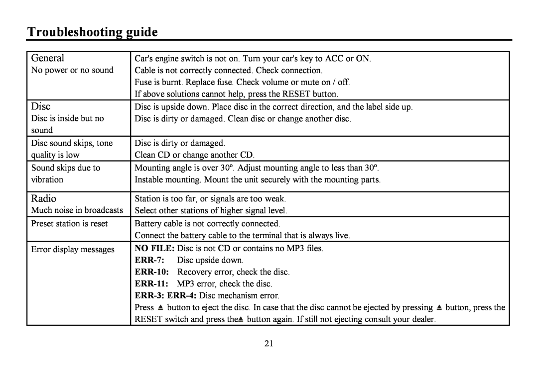 Hyundai CD/MP3-Receiver, H-CDM8070 instruction manual Troubleshooting guide, General, Disc, Radio, ERR-7 