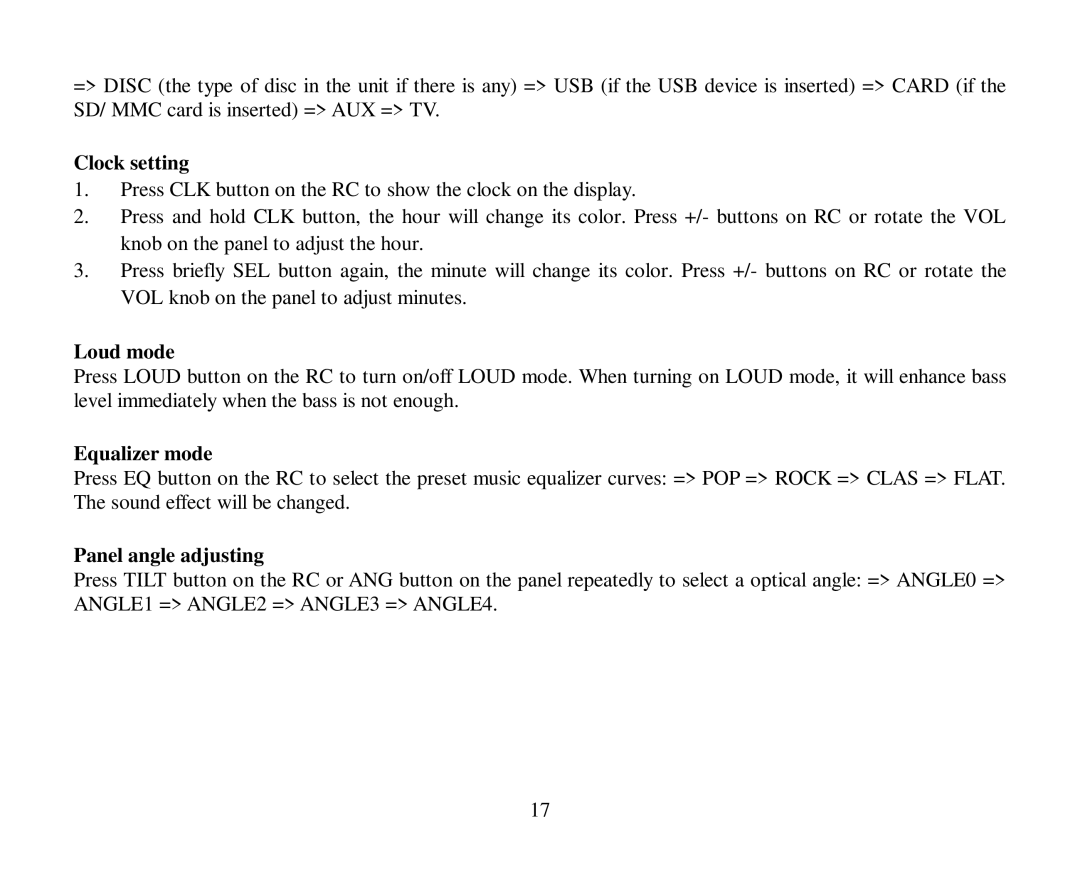 Hyundai H-CMD4004 instruction manual Clock setting, Loud mode, Equalizer mode, Panel angle adjusting 